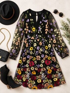 Lulus NWOT Sheer Black 3D VIBRANT Floral Embroidered MIDI Dress. XL